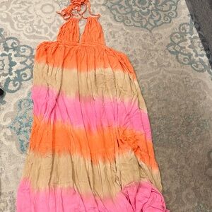 Vibrant Orange Halter Maxi Beach  Coverup  Dress